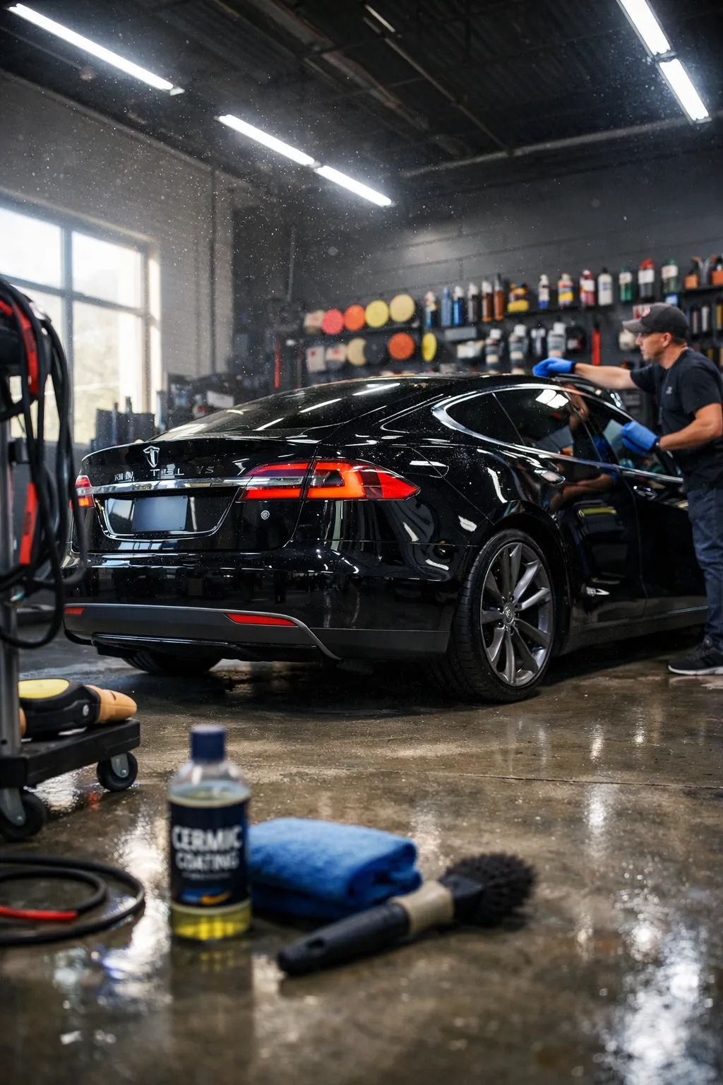 Detailer machine polishing blue vehicle paint during professional paint correction